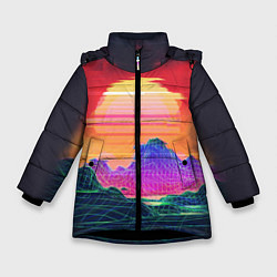 Куртка зимняя для девочки Синтвейв неоновые горы на закате, цвет: 3D-черный