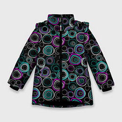 Куртка зимняя для девочки Узор ретро круги и кольца на черном фоне, цвет: 3D-черный