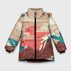 Куртка зимняя для девочки Большие океанские волны и скалистый остров на зака, цвет: 3D-черный