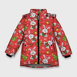Куртка зимняя для девочки Новогодний фон с кроликами, цвет: 3D-светло-серый
