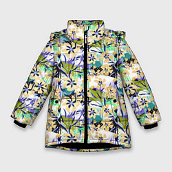 Куртка зимняя для девочки Цветочный узор на фоне в горошек, цвет: 3D-черный