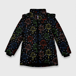 Куртка зимняя для девочки Цветные зонтики на чёрном фоне, цвет: 3D-черный