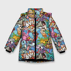 Куртка зимняя для девочки Сумасшедший поп-арт, цвет: 3D-черный