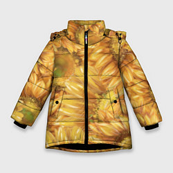 Куртка зимняя для девочки Подсолнухи, цвет: 3D-черный