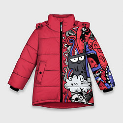 Куртка зимняя для девочки Графитти монстрики, цвет: 3D-красный