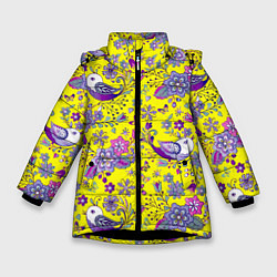 Куртка зимняя для девочки Птички и цветы на желтом, цвет: 3D-черный