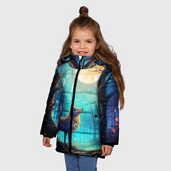 Куртка зимняя для девочки Волк в ночном лесу в folk art стиле, цвет: 3D-черный — фото 2