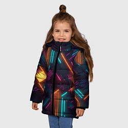 Куртка зимняя для девочки Хаос неоновых линий, цвет: 3D-черный — фото 2