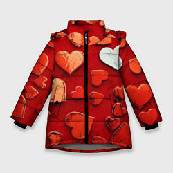 Куртка зимняя для девочки Красные сердца на красном фоне, цвет: 3D-светло-серый