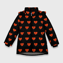 Куртка зимняя для девочки Разбитые сердца на черном фоне, цвет: 3D-светло-серый
