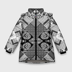 Куртка зимняя для девочки Черно белый этнический лоскутный узор, цвет: 3D-светло-серый