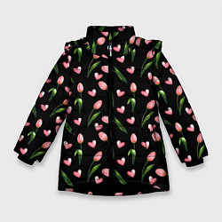 Куртка зимняя для девочки Тюльпаны и сердечки на черном - паттерн, цвет: 3D-черный