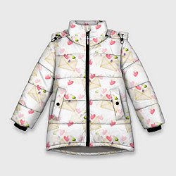 Куртка зимняя для девочки Конверты с сердечками - паттерн, цвет: 3D-светло-серый