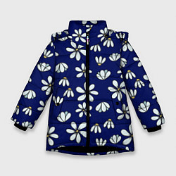 Куртка зимняя для девочки Дудл ромашки на синем фоне - паттерн, цвет: 3D-черный