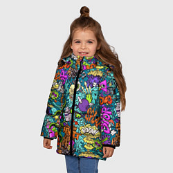 Куртка зимняя для девочки Поп-арт взрыв с инопланетянином и черепом, цвет: 3D-черный — фото 2