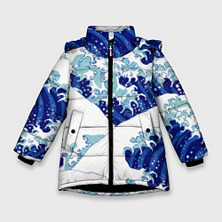 Куртка зимняя для девочки Японская графика - волна - паттерн, цвет: 3D-черный