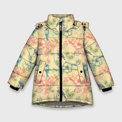 Куртка зимняя для девочки Птицы и цветы, цвет: 3D-светло-серый