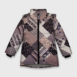 Куртка зимняя для девочки Коричневый узор в стиле фолк-пэчворк, цвет: 3D-светло-серый
