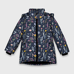 Куртка зимняя для девочки Акварельная цветочная полянка, цвет: 3D-черный