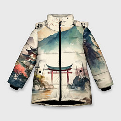 Куртка зимняя для девочки Японский пейзаж - акварель, цвет: 3D-черный