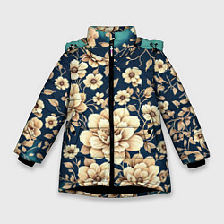 Куртка зимняя для девочки Золотые цветы узор, цвет: 3D-черный
