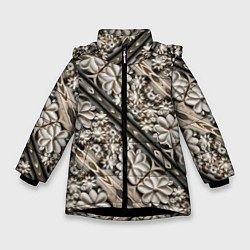 Куртка зимняя для девочки Бежевые деревянные цветы, цвет: 3D-черный