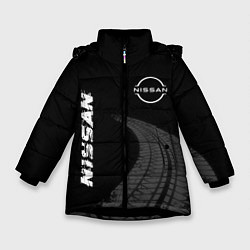 Куртка зимняя для девочки Nissan speed на темном фоне со следами шин: надпис, цвет: 3D-черный