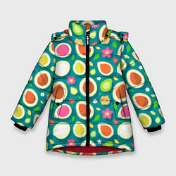 Куртка зимняя для девочки Текстура авокадо и цветы, цвет: 3D-красный