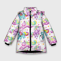 Куртка зимняя для девочки Красочные единороги, цвет: 3D-черный