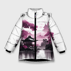 Куртка зимняя для девочки Японские мотивы - фиолетовый, цвет: 3D-черный