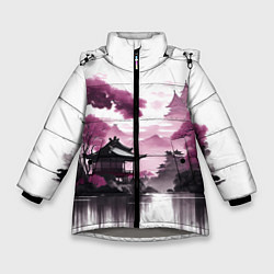 Куртка зимняя для девочки Японские мотивы - фиолетовый, цвет: 3D-светло-серый