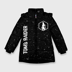 Куртка зимняя для девочки Tomb Raider glitch на темном фоне: надпись, символ, цвет: 3D-черный