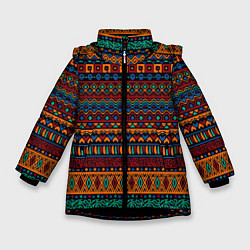 Куртка зимняя для девочки Этнические узоры полосы, цвет: 3D-черный