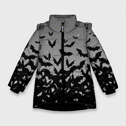 Куртка зимняя для девочки Серый фон и летучие мыши, цвет: 3D-черный
