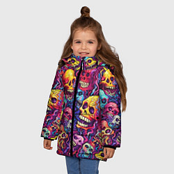 Куртка зимняя для девочки Кислотные деформированные черепа, цвет: 3D-красный — фото 2