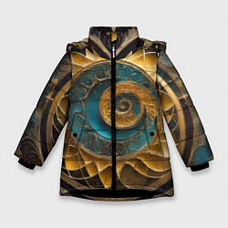 Куртка зимняя для девочки Синий золотой водоворот декоративный орнамент, цвет: 3D-черный