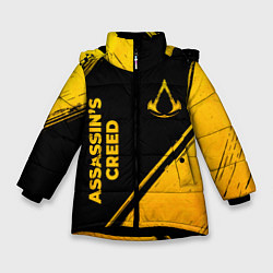 Куртка зимняя для девочки Assassins Creed - gold gradient: надпись, символ, цвет: 3D-черный
