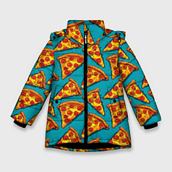 Куртка зимняя для девочки Кусочки пиццы на синем фоне, цвет: 3D-черный