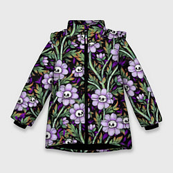 Куртка зимняя для девочки Цветы с черепами, цвет: 3D-черный