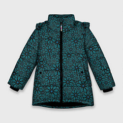 Куртка зимняя для девочки Цветочный паттерн сине-зелёный, цвет: 3D-черный