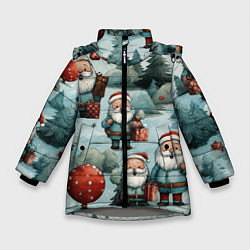 Куртка зимняя для девочки Рождественский узор с Санта Клаусами, цвет: 3D-светло-серый