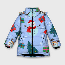 Куртка зимняя для девочки Снеговики с новогодними подарками паттерн, цвет: 3D-черный