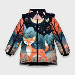 Куртка зимняя для девочки Лисичка в осеннем лесу фолк-арт, цвет: 3D-черный