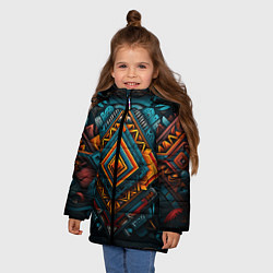 Куртка зимняя для девочки Орнамент с оранжевыми и синими ромбами, цвет: 3D-светло-серый — фото 2