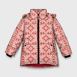 Куртка зимняя для девочки Сварожич - славянский орнамент, цвет: 3D-красный