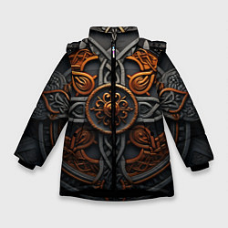Куртка зимняя для девочки Орнамент в викингском стиле, цвет: 3D-черный