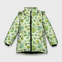 Куртка зимняя для девочки Акварельные листья с узором, цвет: 3D-черный