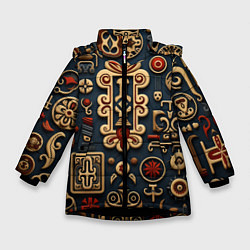 Куртка зимняя для девочки Абстрактный паттерн в славянском стиле, цвет: 3D-черный