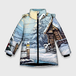 Куртка зимняя для девочки Деревянный зимний домик, цвет: 3D-черный