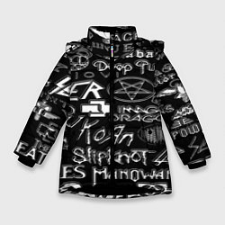 Куртка зимняя для девочки Логотипы рок групп металические, цвет: 3D-черный